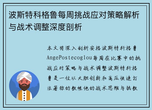 波斯特科格鲁每周挑战应对策略解析与战术调整深度剖析